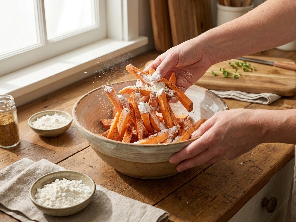 Hands tossing raw kumara fries with cornstarch and seasonings in a large mixing bowl on a kitchen counter