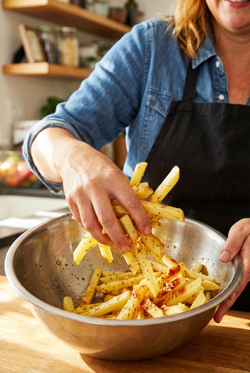 Hands tossing raw potato sticks with oil and seasonings in a large mixing bowl