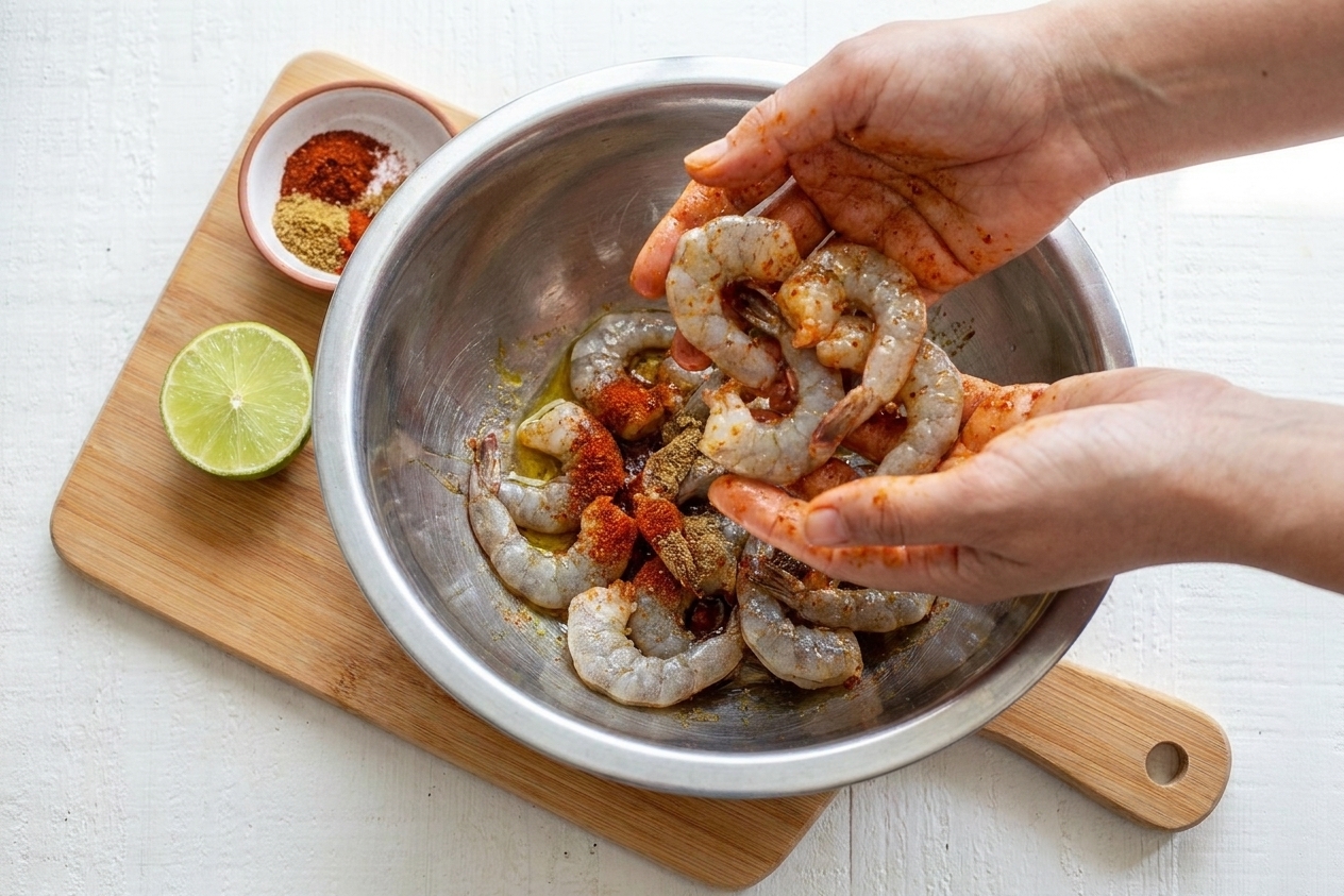 Hands tossing raw shrimp with spices and olive oil in a metal mixing bowl on a kitchen counter
