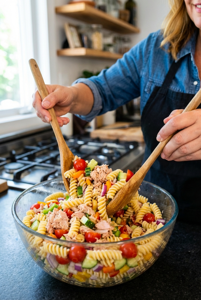 Hands tossing rotini with tuna and chopped vegetables in a large glass bowl