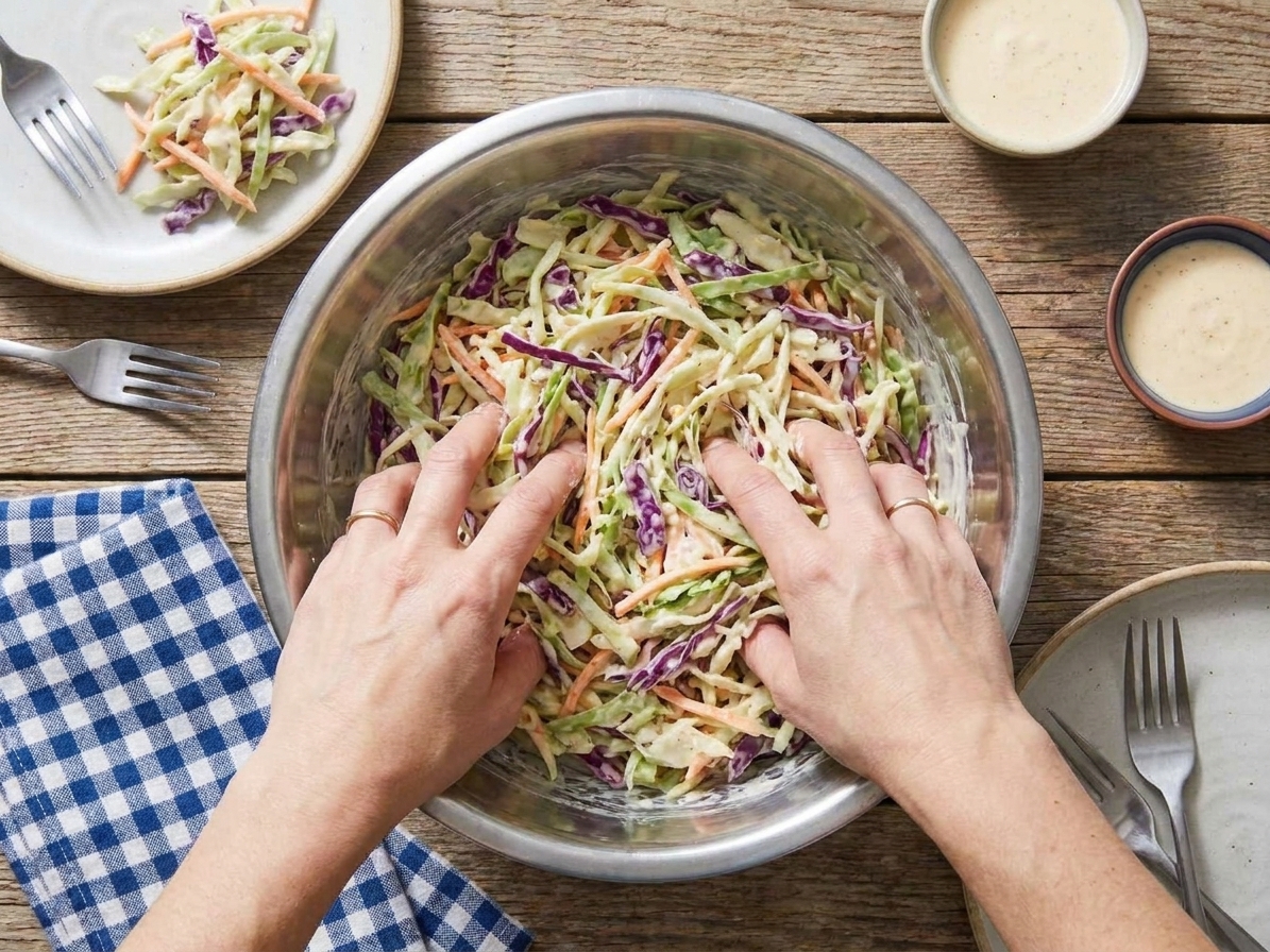Hands tossing shredded cabbage with creamy coleslaw dressing in a large stainless steel mixing bowl