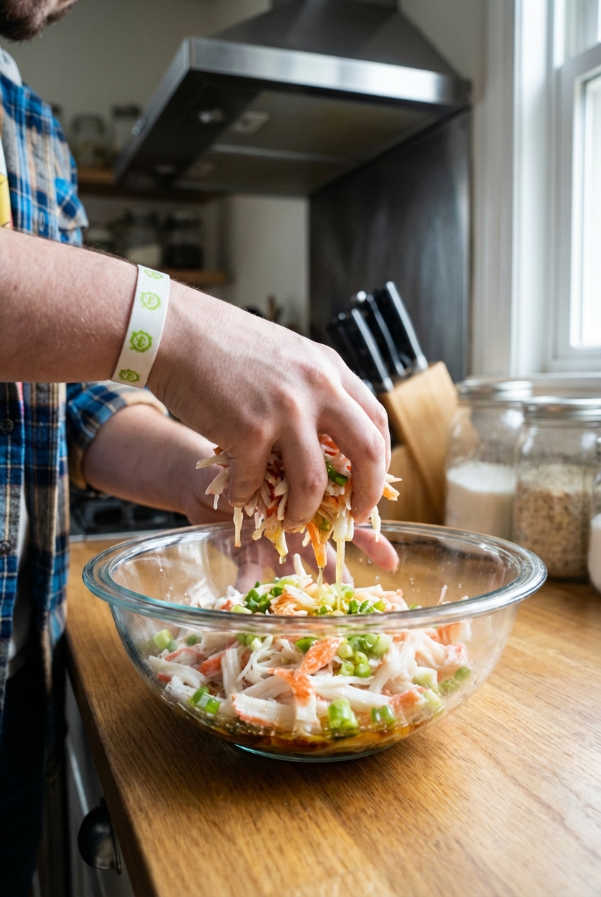 Hands tossing shredded imitation crab with lemon juice, sesame oil, and scallions in a glass mixing bowl on a kitchen counter