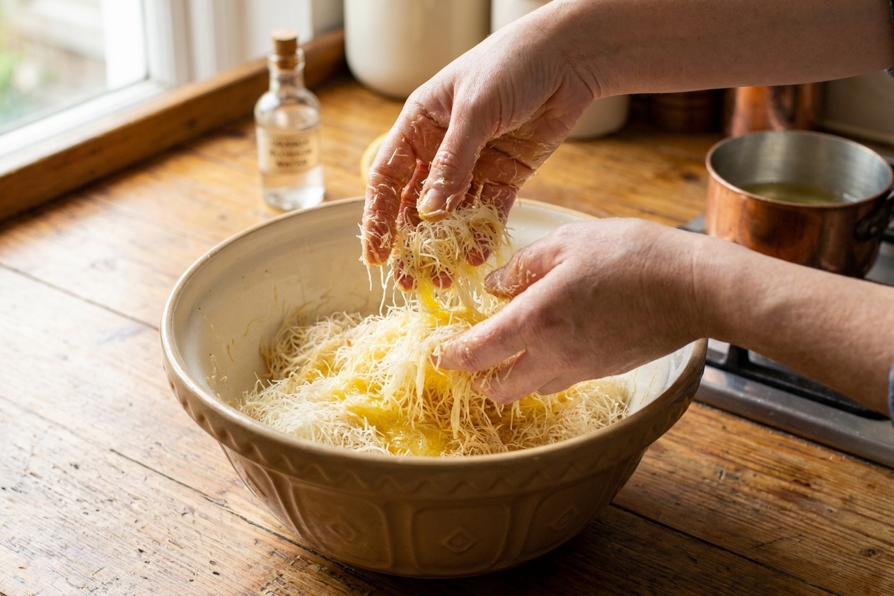 Hands tossing shredded kataifi dough with melted butter in a large mixing bowl on a kitchen counter