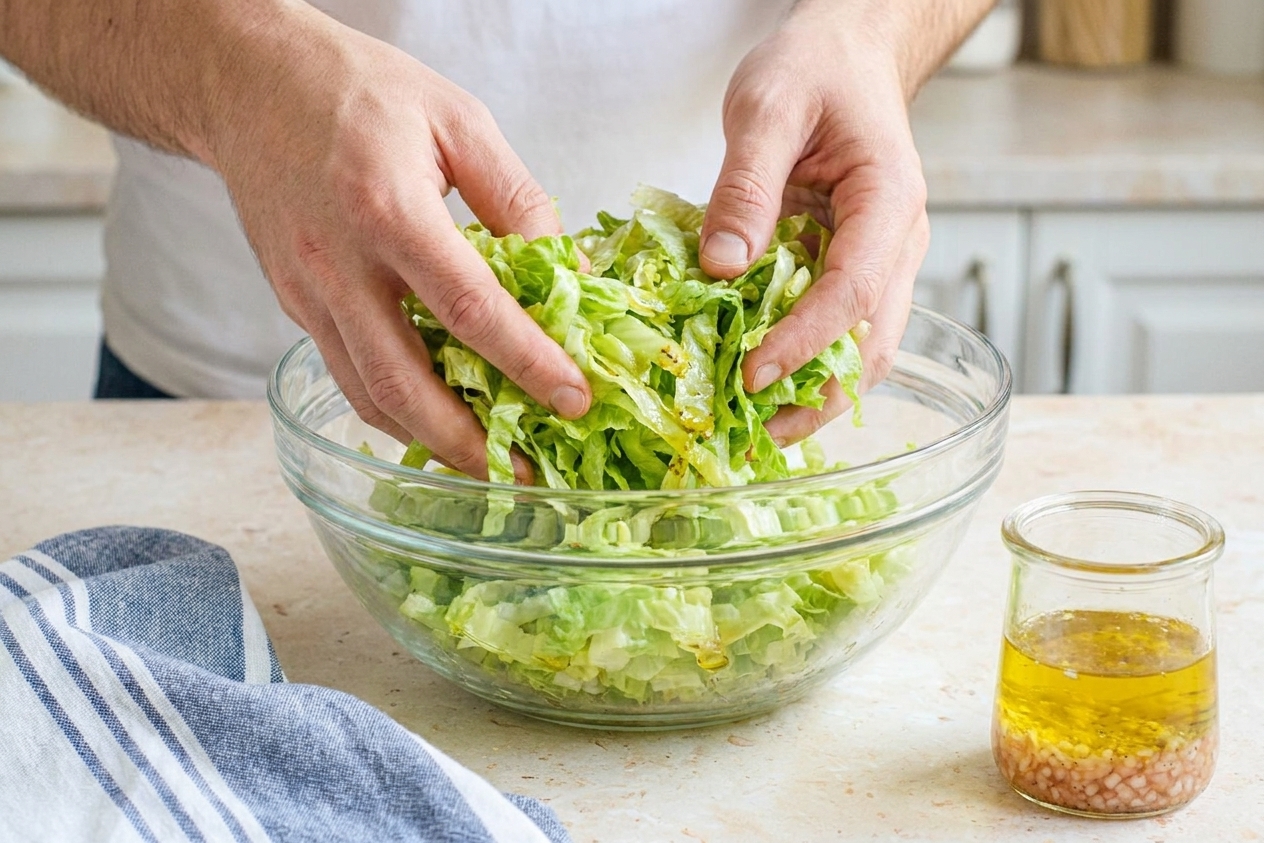 Hands tossing shredded lettuce with oil and vinegar dressing in a mixing bowl on a kitchen counter