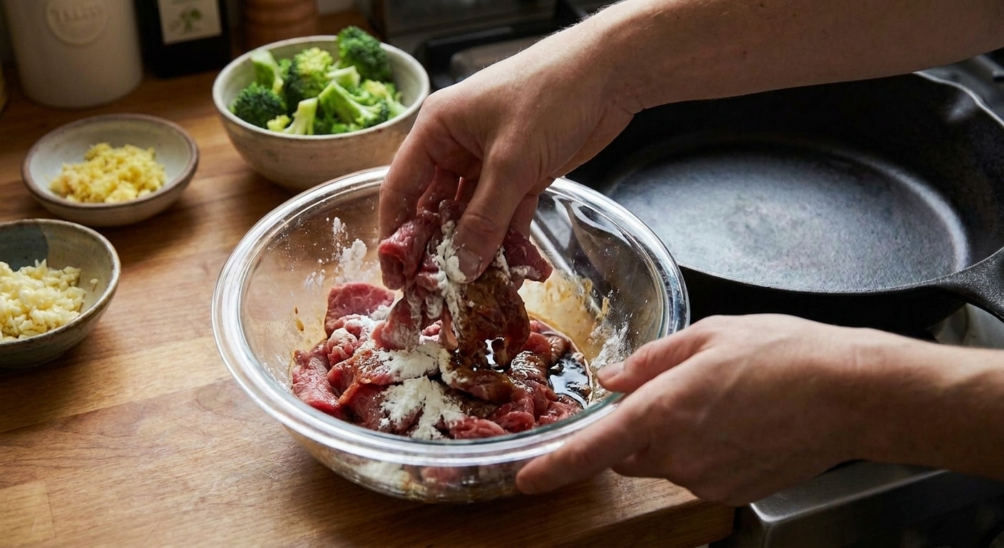 Hands tossing sliced beef with cornstarch and soy sauce in a glass mixing bowl on a kitchen counter