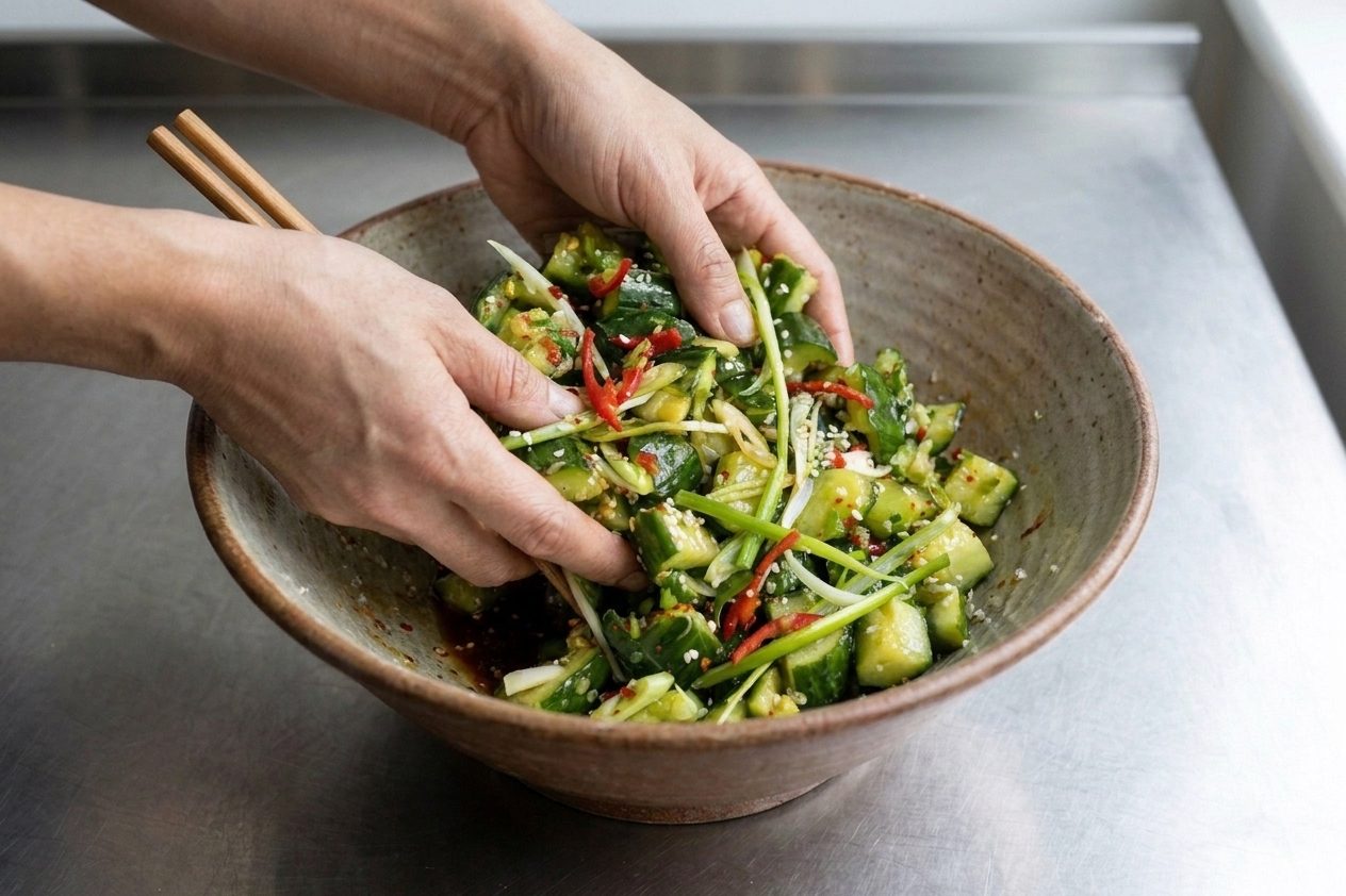Hands tossing smashed cucumbers with a glossy soy sesame dressing in a large bowl