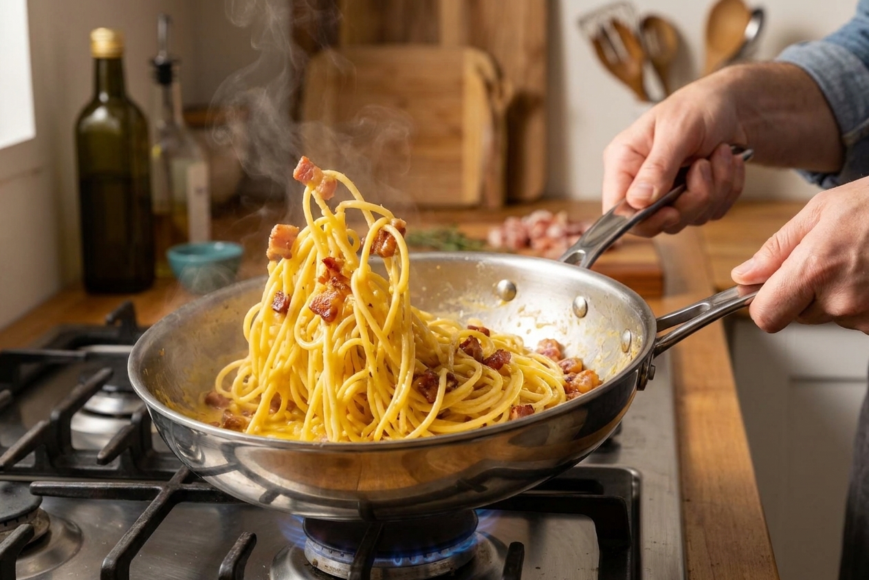 Hands tossing spaghetti in a skillet with crispy pancetta as the sauce turns glossy, steam rising over a stovetop