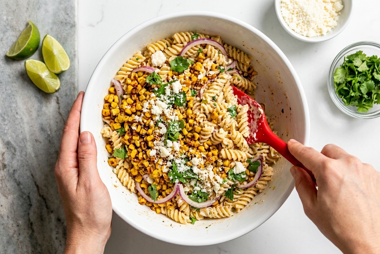 Hands tossing street corn pasta salad in a large white mixing bowl with a silicone spatula on a bright kitchen counter