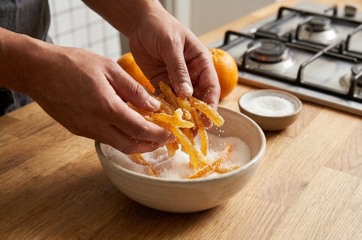 Hands tossing tacky candied orange peel strips in a bowl of granulated sugar on a kitchen counter