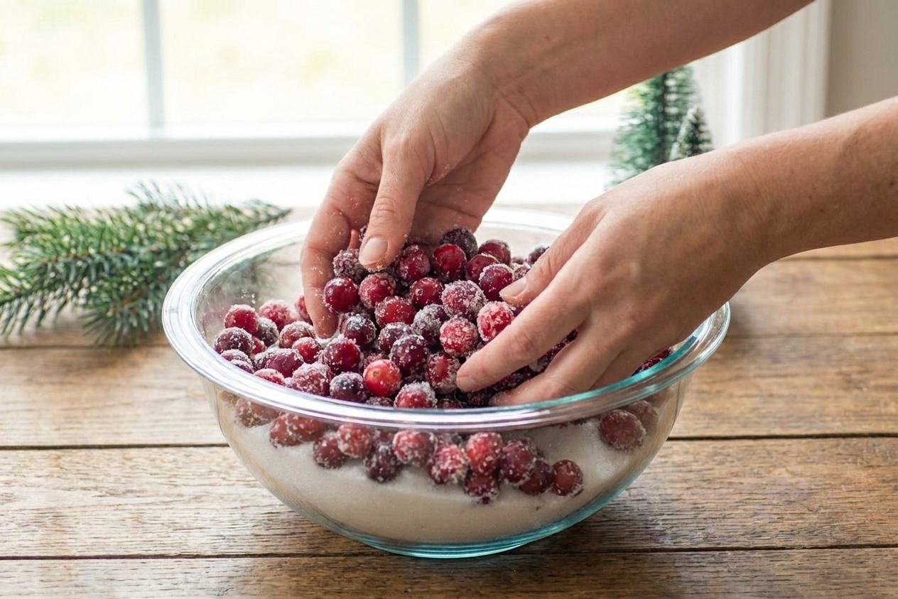 Hands tossing tacky cranberries in a bowl of granulated sugar until fully coated