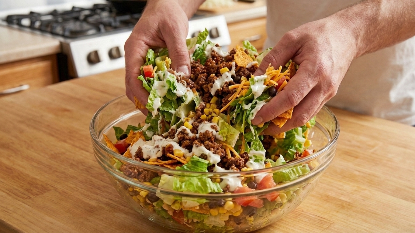 Hands tossing taco salad in a large bowl with lettuce, seasoned beef, and creamy dressing on a kitchen counter