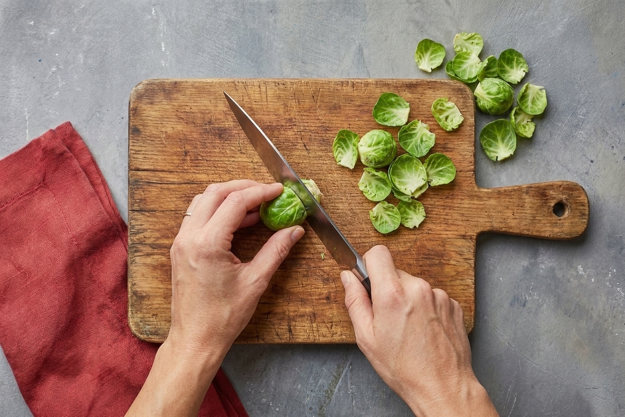 Hands trimming Brussels sprouts on a wooden cutting board with a chef’s knife, with a small pile of removed outer leaves nearby