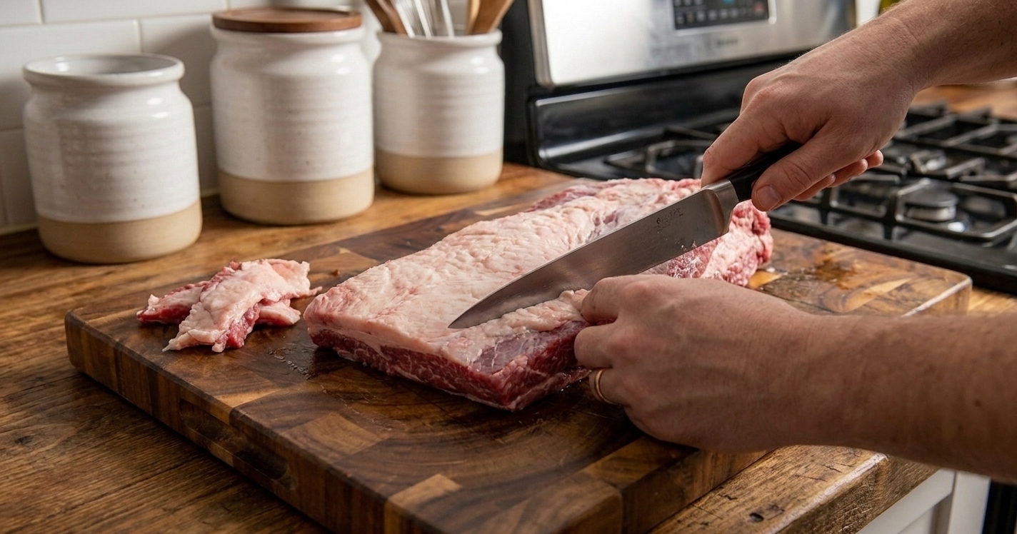 Hands trimming a brisket fat cap with a sharp knife on a large cutting board in a home kitchen