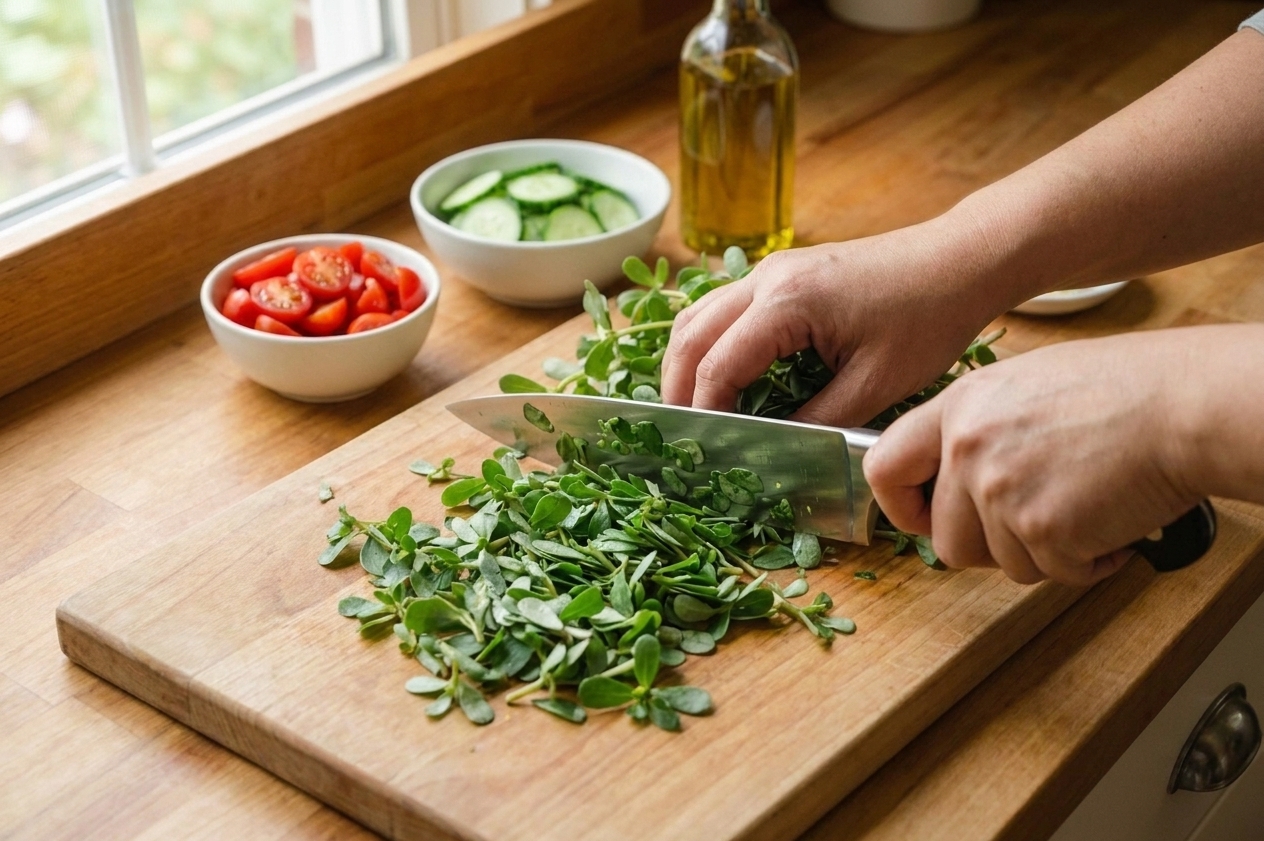 Hands trimming and roughly chopping purslane on a wooden cutting board with a chef’s knife, bright kitchen counter lighting