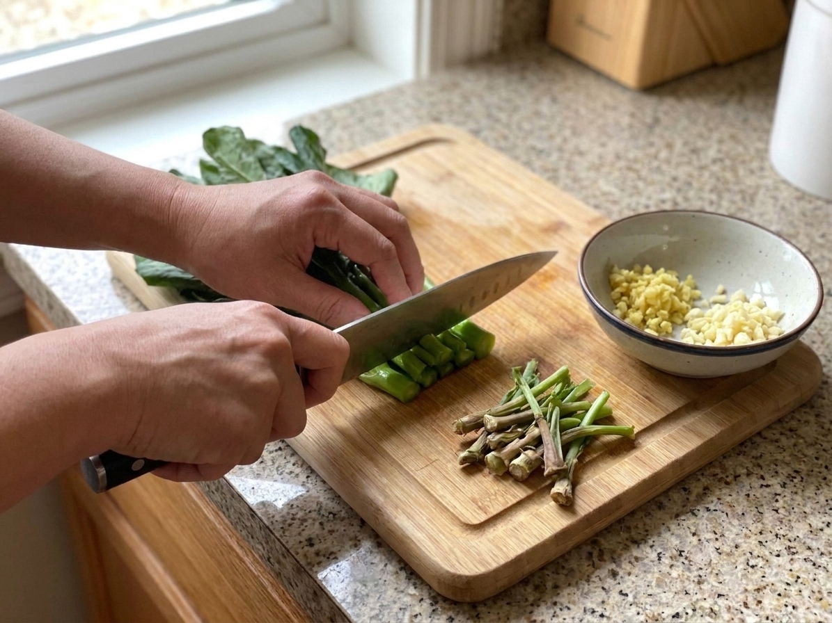 Hands trimming the dry ends from gai lan stems on a wooden cutting board next to a chef's knife and a small bowl of chopped garlic and ginger
