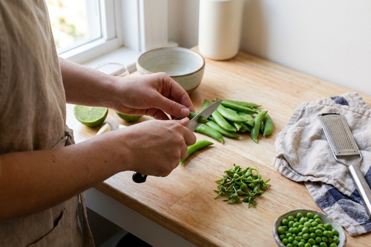 Hands trimming the stem ends from fresh sugar snap peas on a wooden cutting board in a bright home kitchen