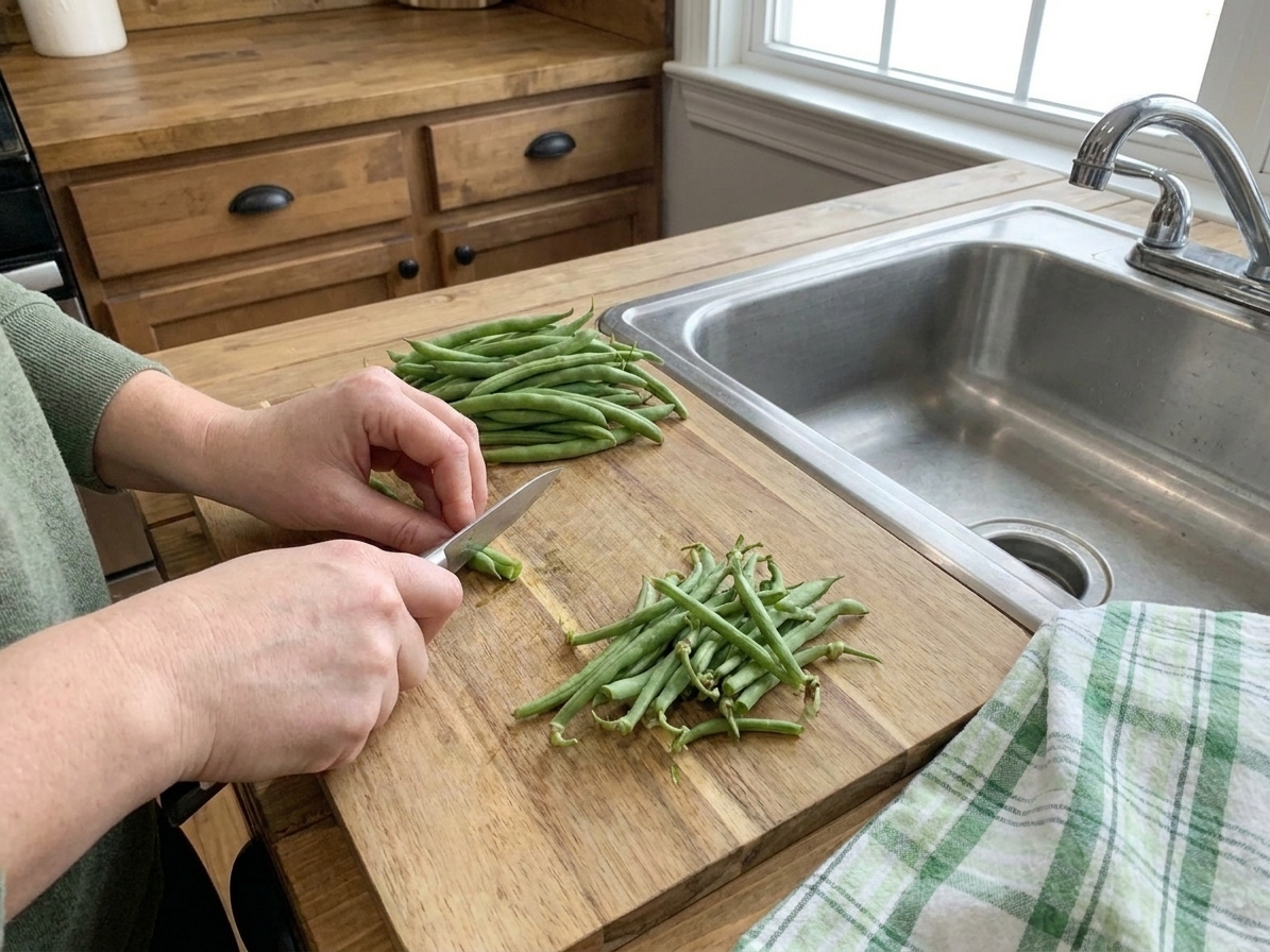 Hands trimming the stem ends off fresh green beans on a wooden cutting board beside a kitchen sink
