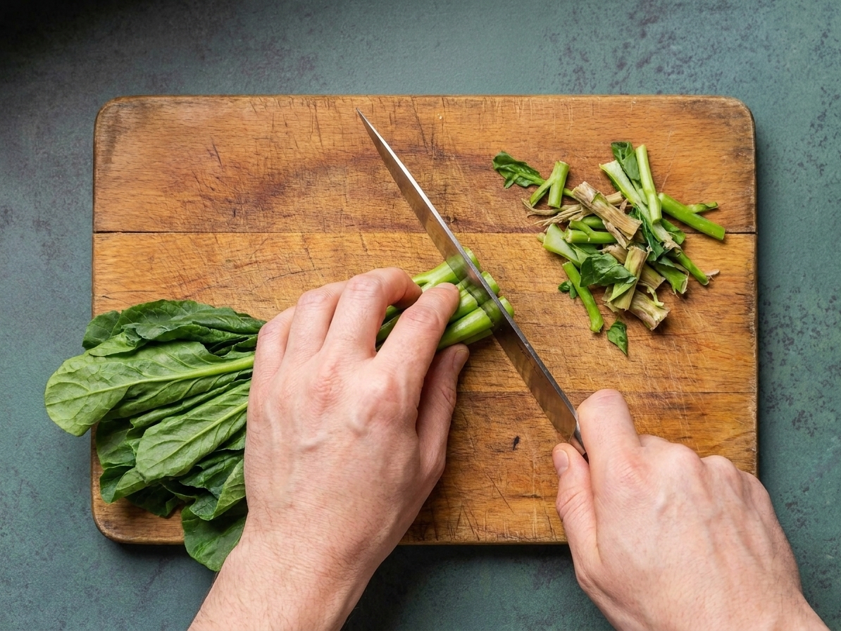 Hands trimming the woody ends from gai lan stems on a wooden cutting board with a chef's knife