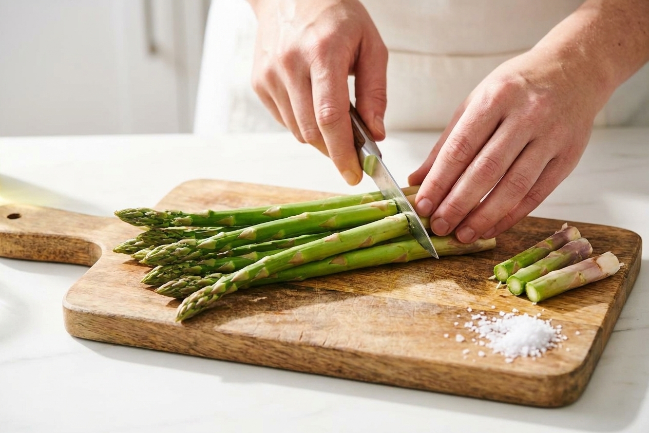 Hands trimming the woody ends off fresh asparagus on a wooden cutting board on a bright kitchen counter