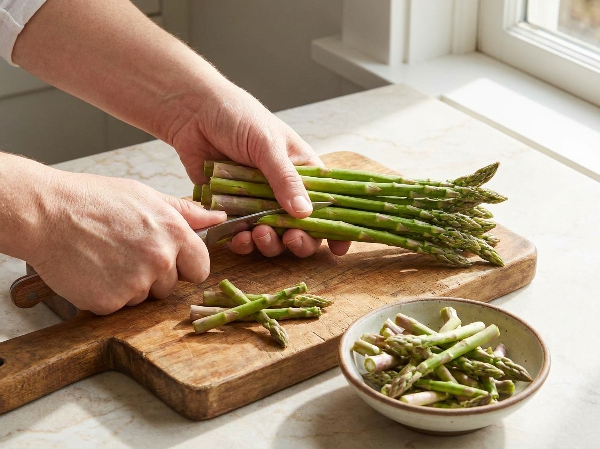 Hands trimming the woody ends off fresh asparagus on a wooden cutting board in a bright home kitchen