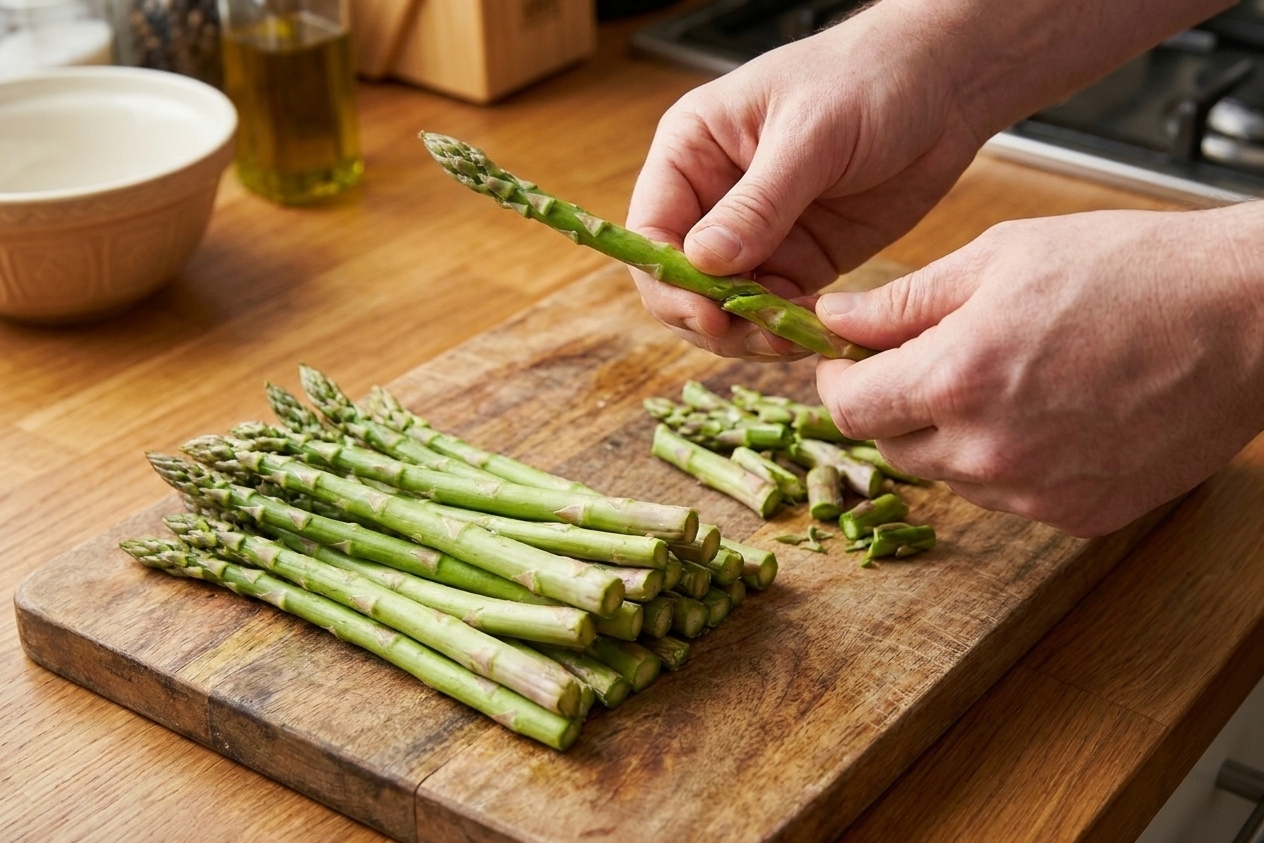 Hands trimming woody ends from fresh asparagus spears on a wooden cutting board in a home kitchen