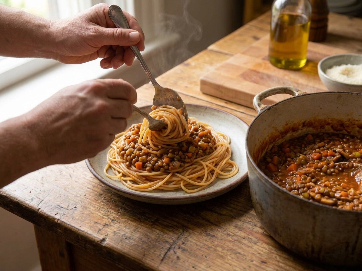 Hands twirling spaghetti onto a plate and topping it with lentil bolognese on a home kitchen counter under warm lighting