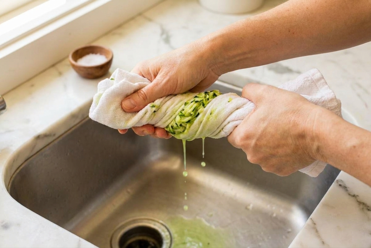 Hands twisting a kitchen towel to squeeze moisture from grated zucchini over a sink