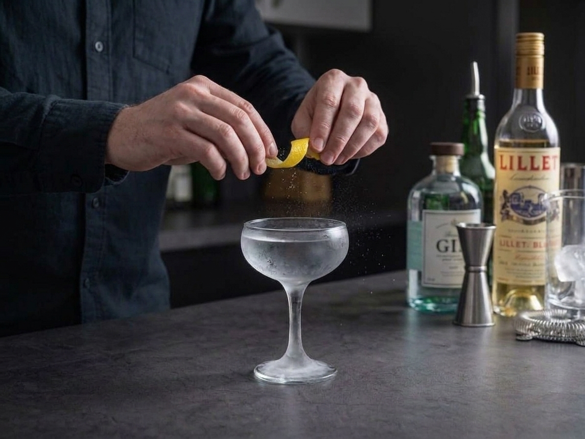 Hands twisting a strip of lemon peel over a clear martini in a coupe glass