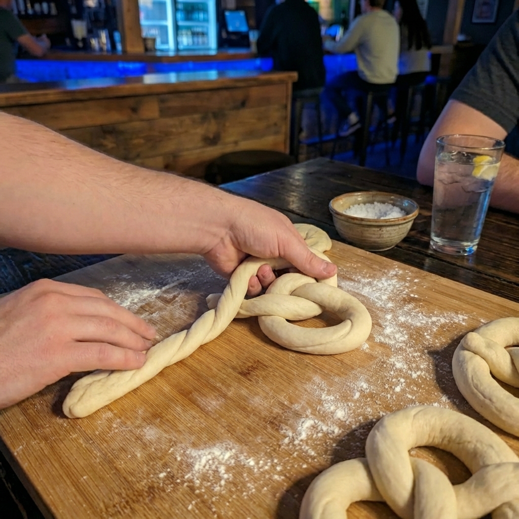 Hands twisting pretzel dough into a classic pretzel shape on a lightly floured countertop