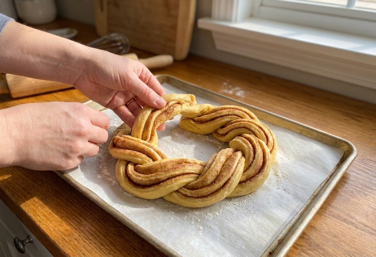 Hands twisting two cinnamon filled dough strands into a braided ring on parchment paper on a sheet pan