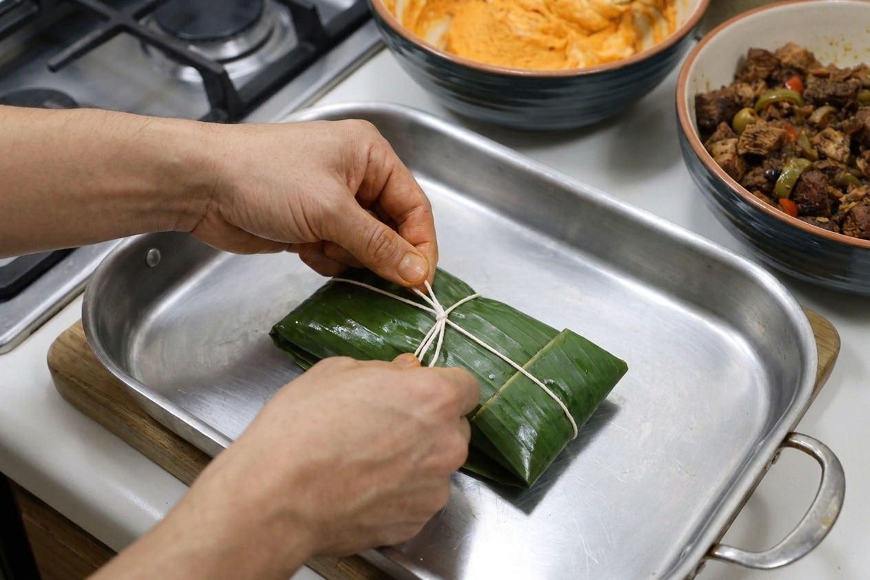 Hands tying a banana leaf wrapped pastel with kitchen twine on a sheet pan
