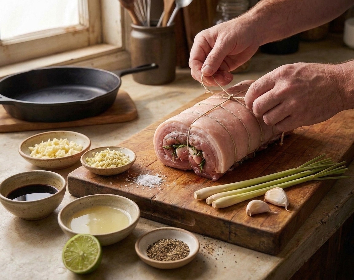 Hands tying kitchen twine around a tightly rolled pork belly log on a cutting board, with lemongrass and garlic nearby