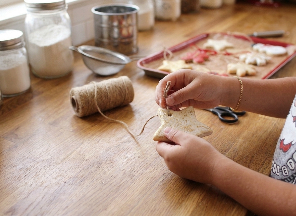 Hands tying twine through a sealed salt dough ornament on a neutral kitchen counter with warm natural light