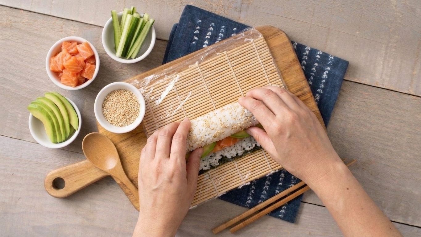 Hands using a bamboo sushi mat to roll an inside-out sushi roll on a clean kitchen counter