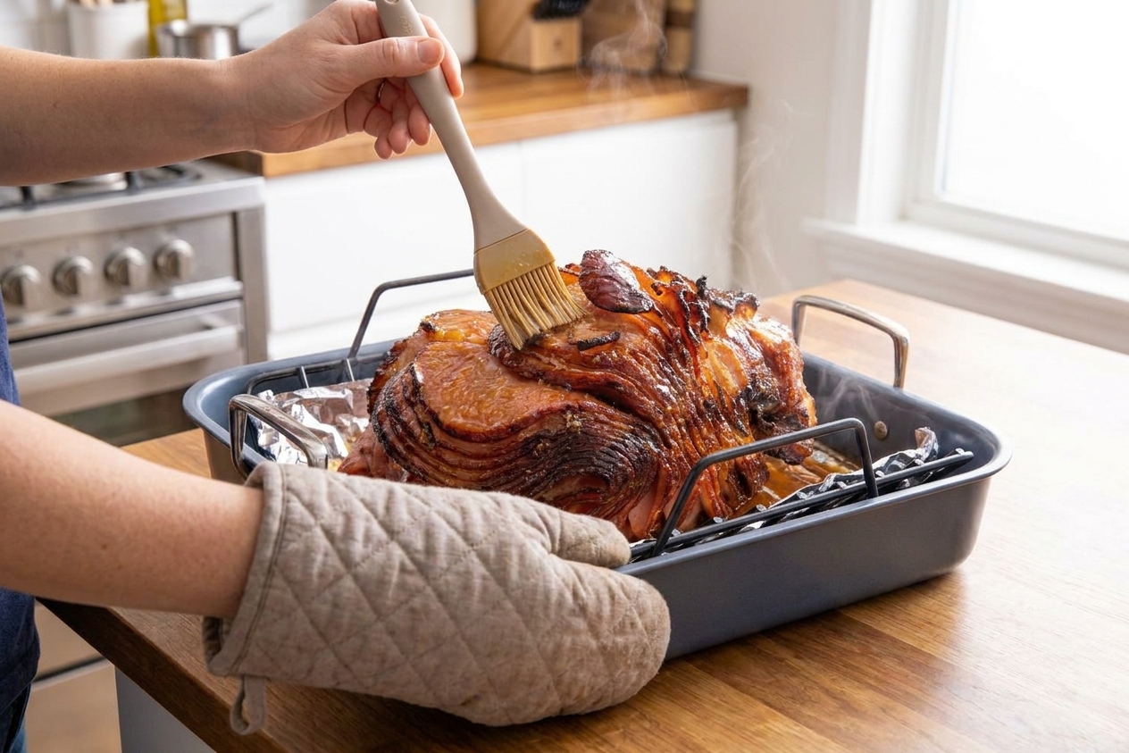 Hands using a basting brush to coat a spiral ham with honey glaze in a roasting pan