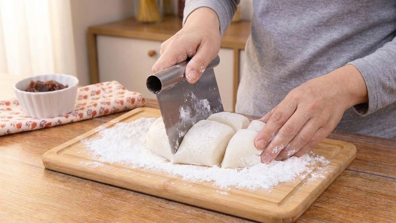 Hands using a bench scraper to cut mochi dough into equal pieces on a starch-dusted board