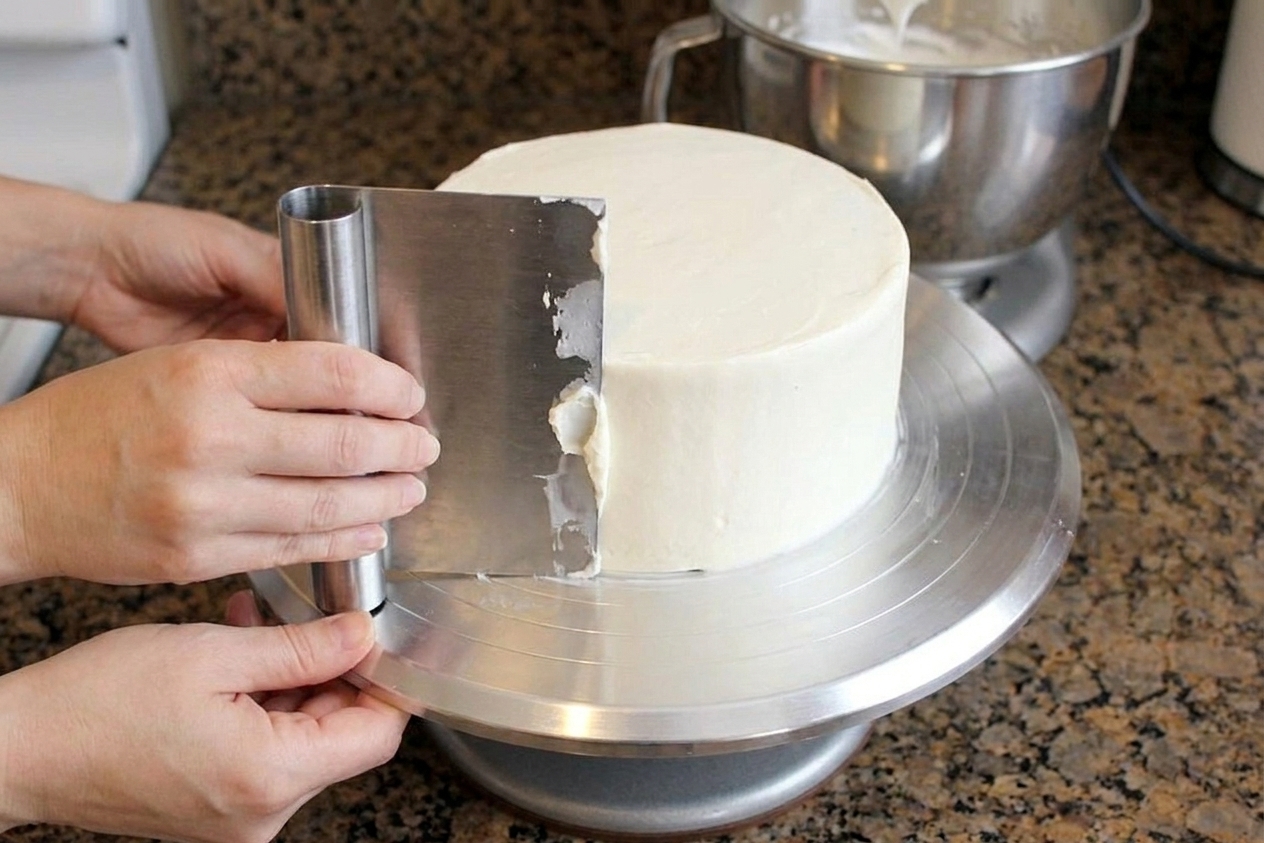 Hands using a bench scraper to smooth Italian buttercream around the side of a cake on a turntable