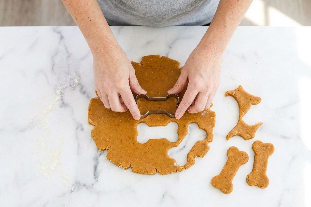 Hands using a bone-shaped cookie cutter to cut dog cookie dough on a floured countertop