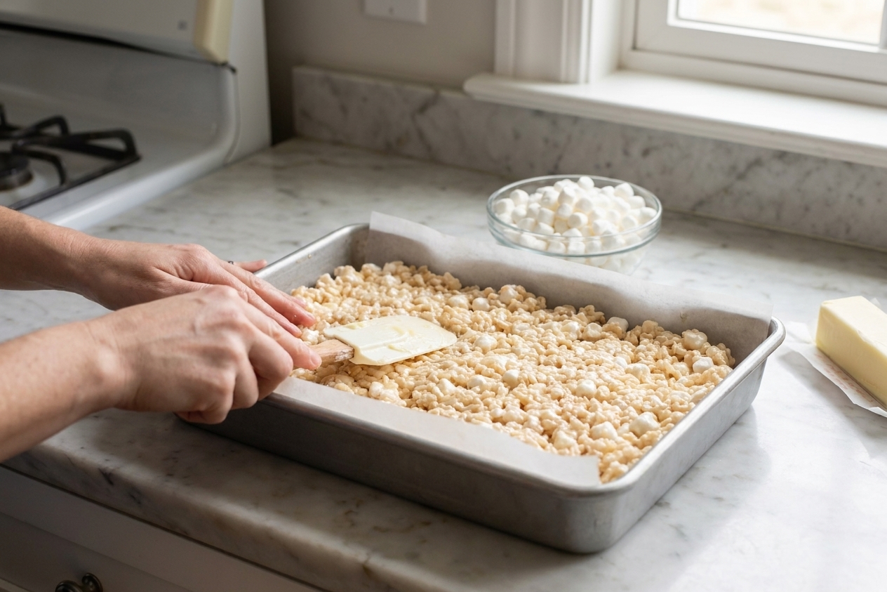 Hands using a buttered spatula to gently press warm Rice Krispies treat mixture into a parchment-lined 9x13 baking pan