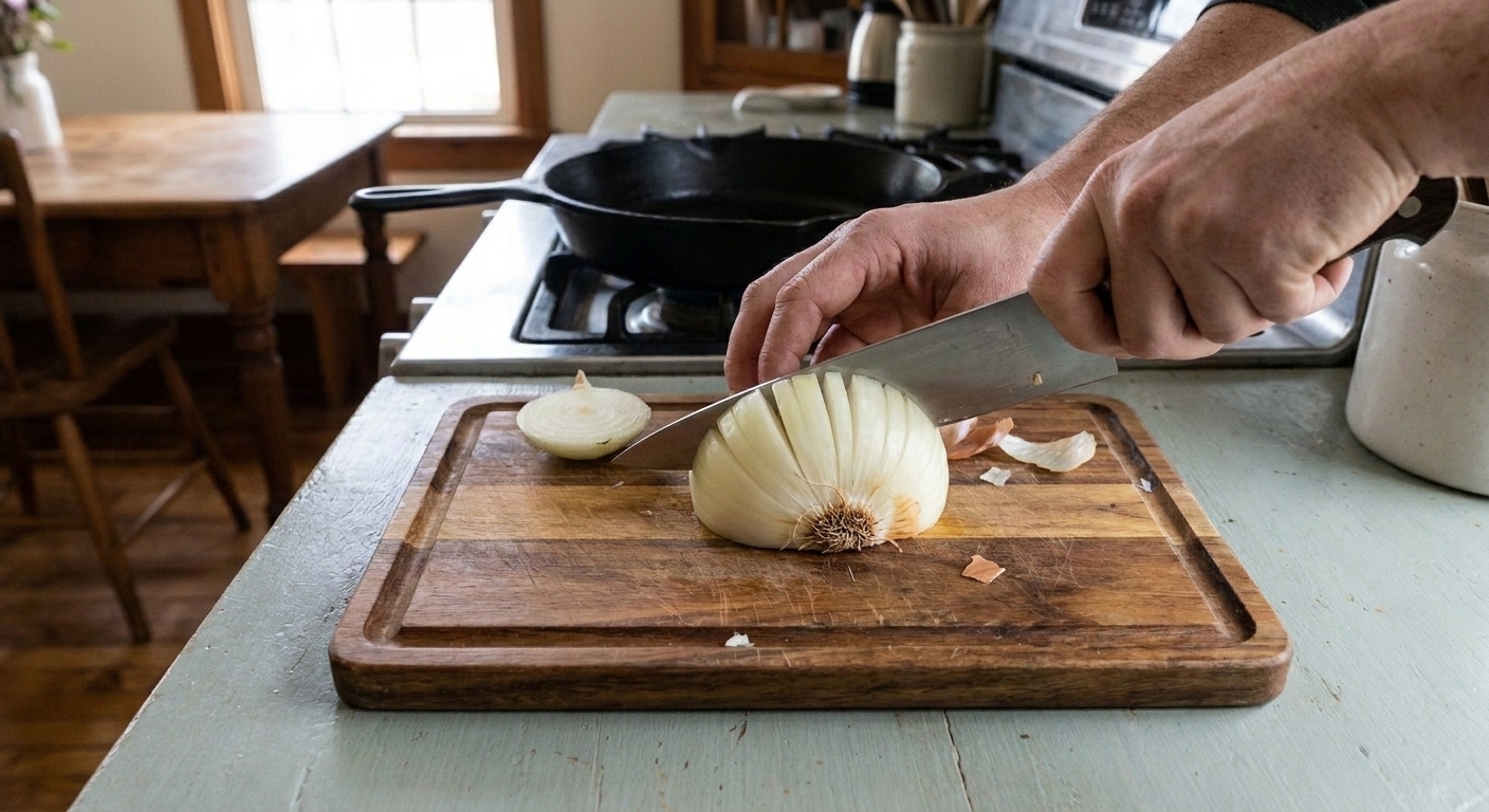 Hands using a chef’s knife to cut a peeled onion into petal sections while keeping the root end intact on a cutting board