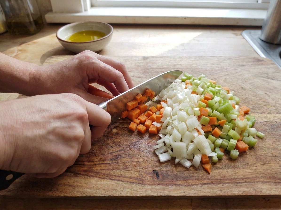 Hands using a chef’s knife to dice onion, carrot, and celery on a wooden cutting board on a bright kitchen counter