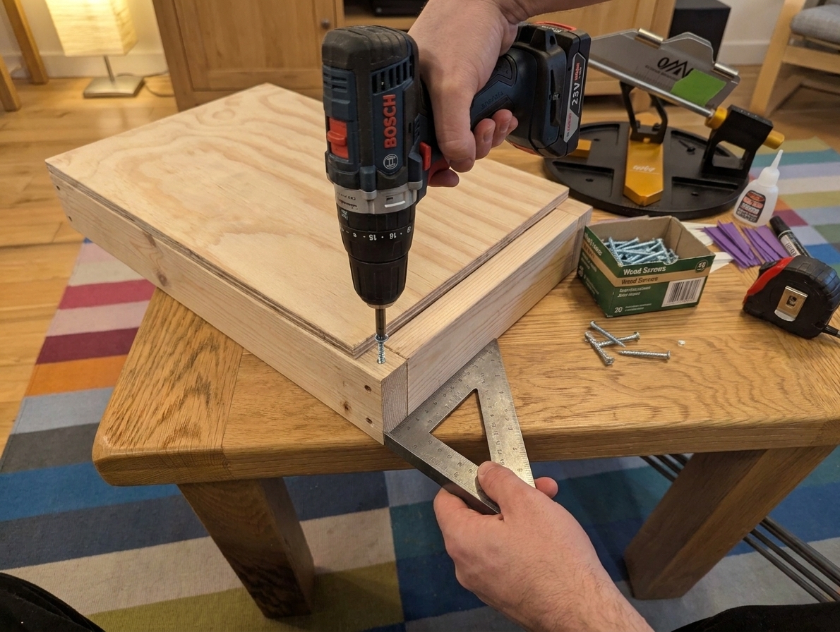 Hands using a cordless drill to drive screws into a 2x4 rectangular frame under a plywood top while checking the corners for square