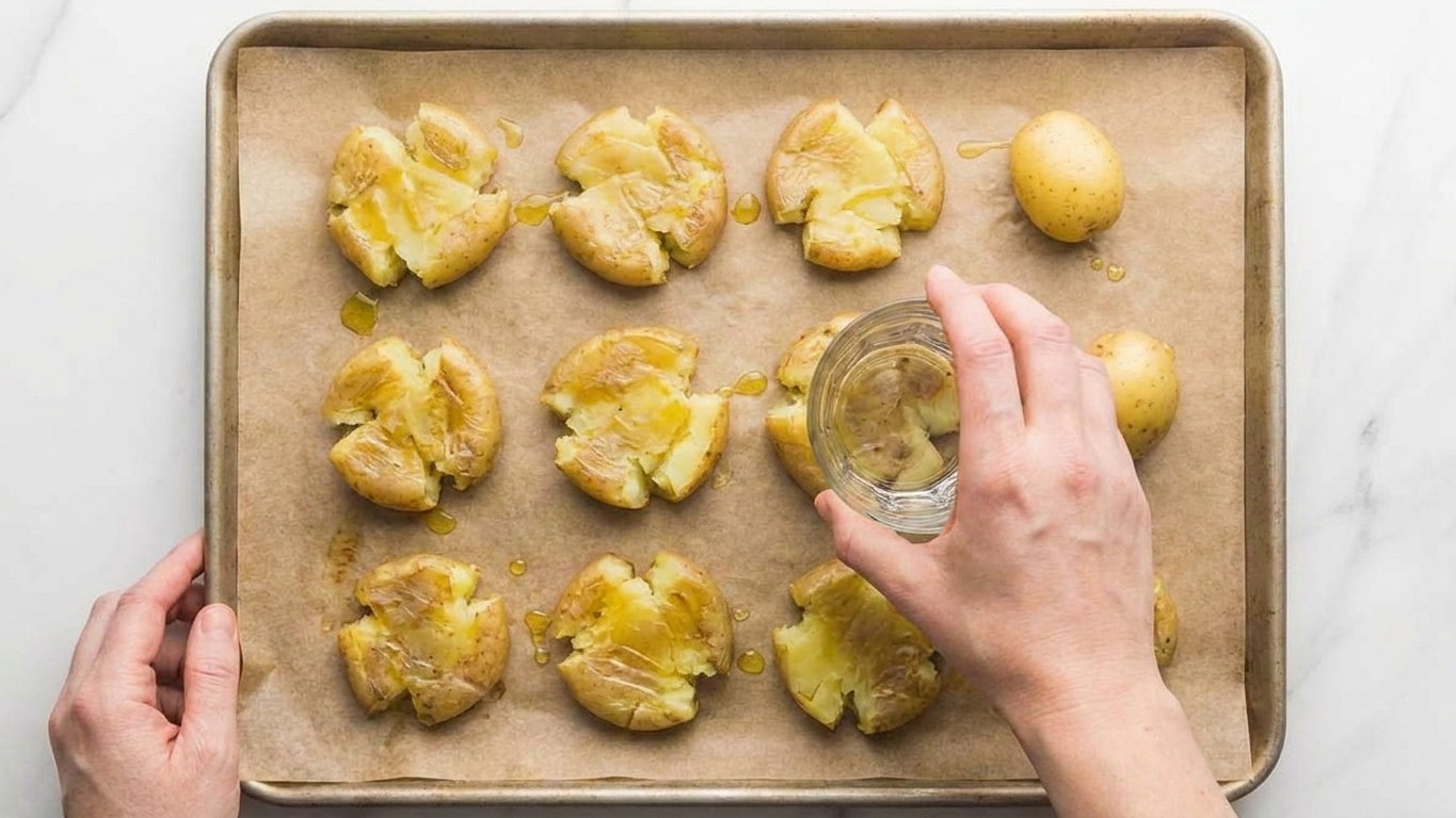 Hands using a flat-bottomed glass to gently smash boiled baby potatoes on a parchment-lined sheet pan in a home kitchen