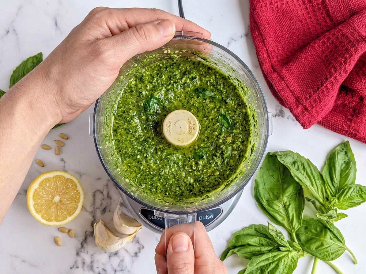 Hands using a food processor to blend bright green vegan pesto, with basil leaves and a lemon half on the counter nearby