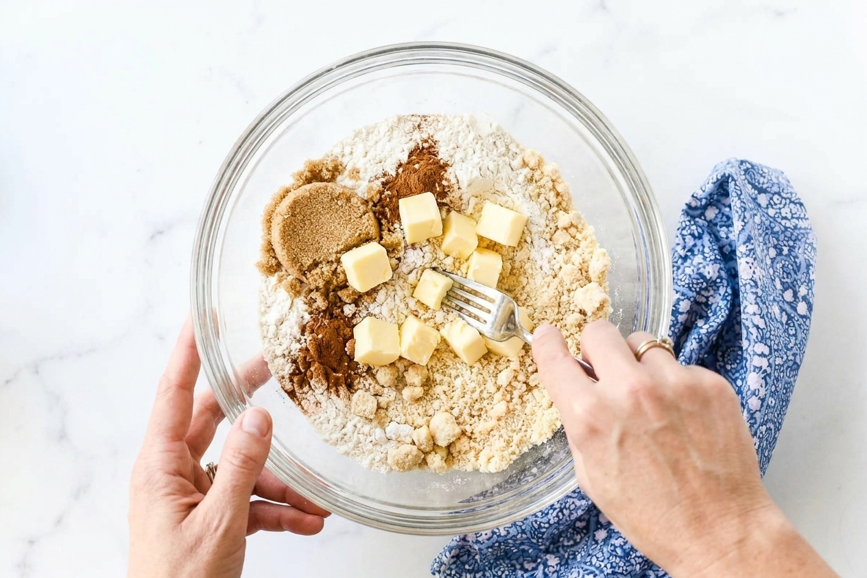 Hands using a fork to cut cold butter into cinnamon sugar and flour, creating crumbly streusel