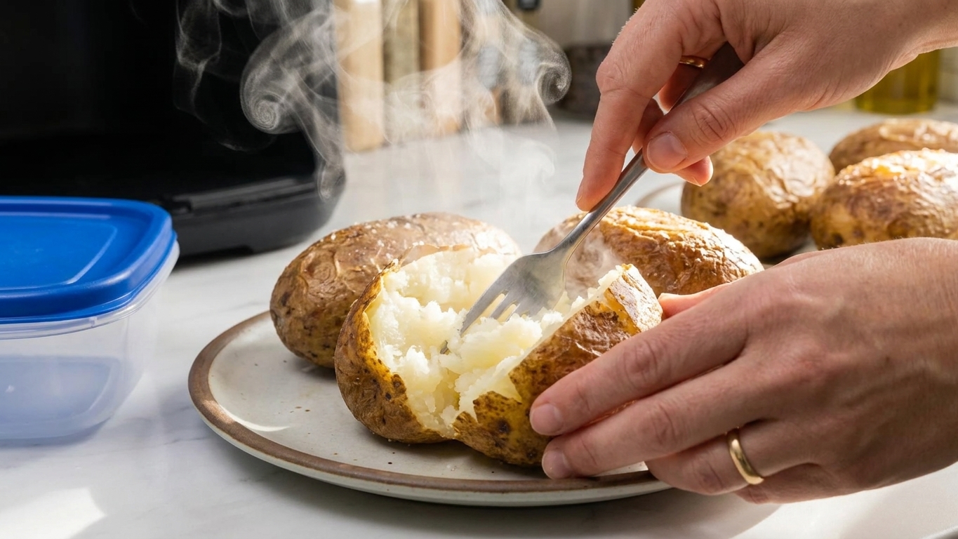 Hands using a fork to fluff the steaming interior of a freshly baked potato split open on a plate