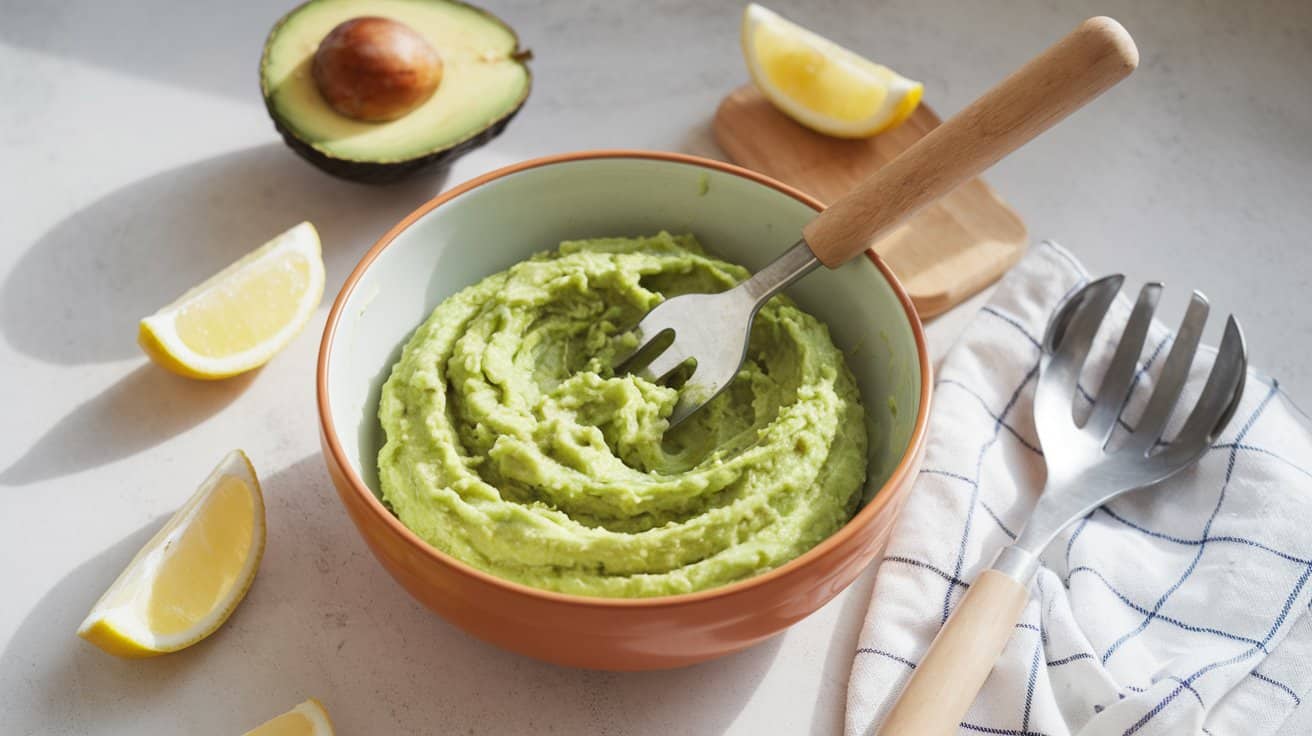 Hands using a fork to gently mash ripe avocado in a stainless steel mixing bowl on a kitchen counter