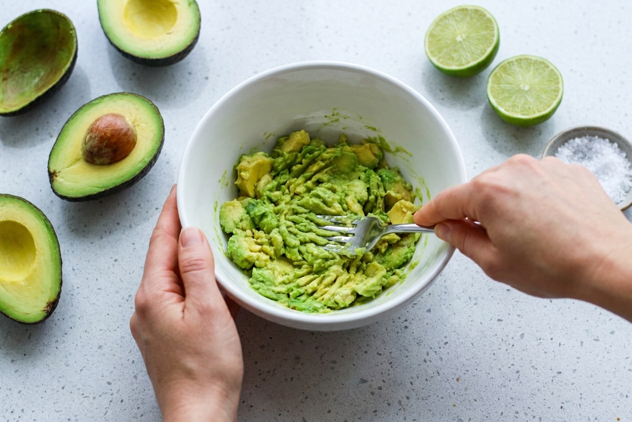 Hands using a fork to mash ripe avocados in a mixing bowl on a kitchen counter, with lime halves and salt nearby