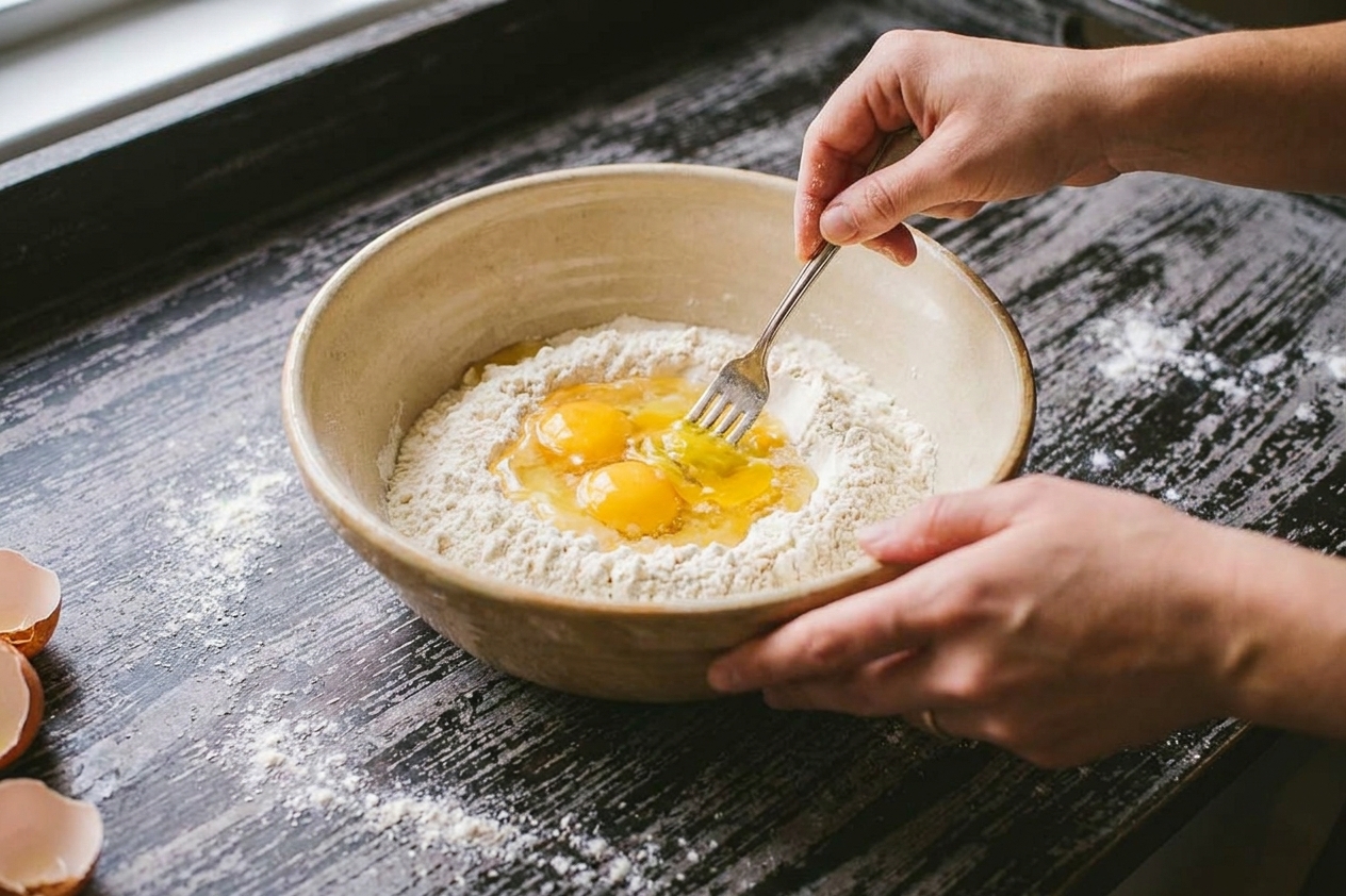 Hands using a fork to mix eggs into flour in a large ceramic bowl on a kitchen counter