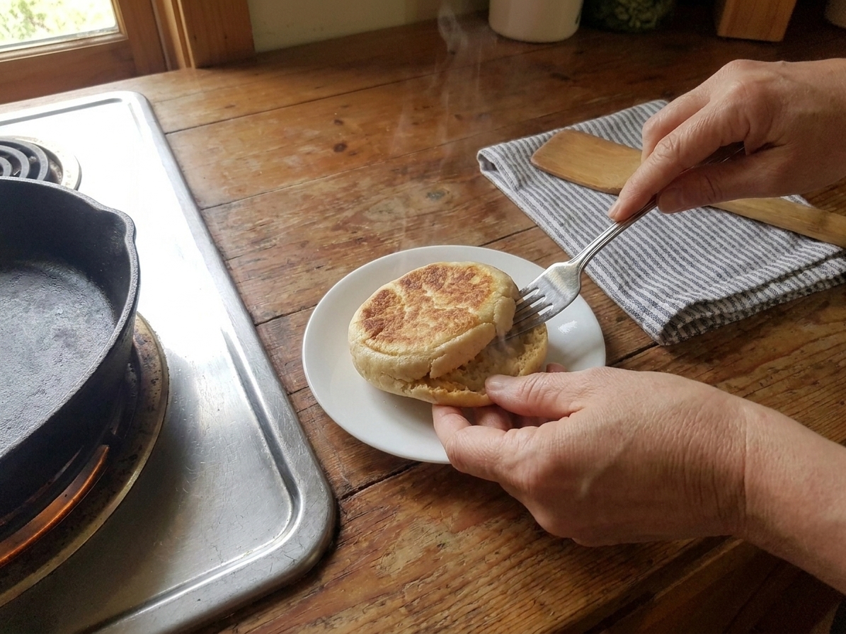 Hands using a fork to poke around the edge of a warm griddled muffin before pulling it open